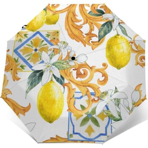 Sunny Umbrella Golden Monograms And Flowers Of Lemon Automatic folding portable men women Sunscreen rain Windproof beach parasol
