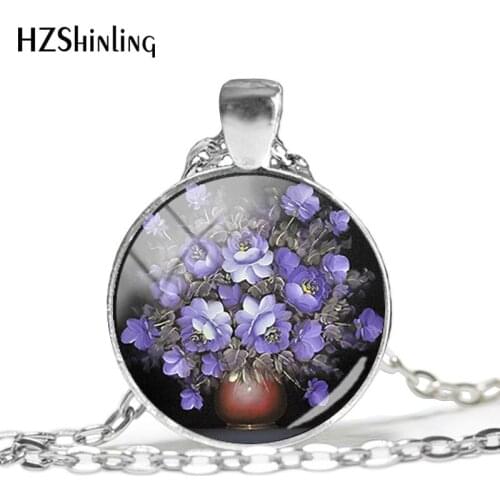 2018 New Classic Purple Flower Necklace Lavender Blossoms Pendant Round Photo Jewelry Glass Cabochon Necklaces HZ1