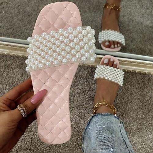 2021 Womens Slippers Summer New Flat Bottomed Pearl Sandals Plus Size Womens Casual Beach Comfort Slippers Female Shoes