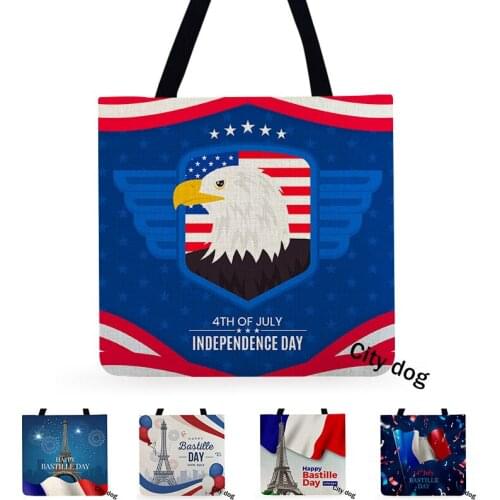 American style Independence Day Art Design Linen Casual Foldable Shoulder Shopping bags home packaging organizer makeup tote bag