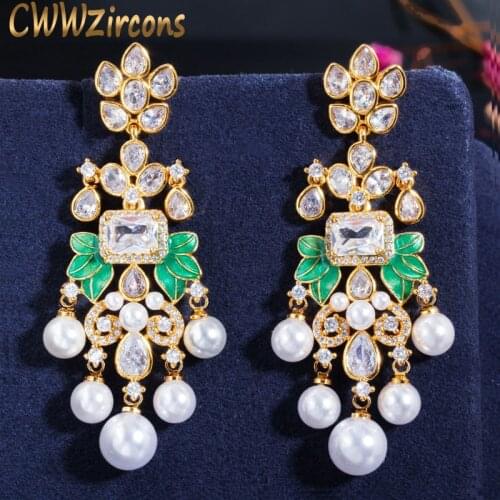 CWWZircons Luxury Long Pearl Tassel Drop Dangle Earrings Cubic Zircon Royal Wedding Engagement Party Jewelry for Women CZ661