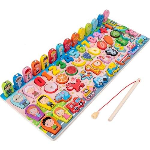 Wooden Montessori Toys for Toddlers 8 in 1Wooden Puzzle Toys Fishing Game Shape Sorter Counting Game Educational Learning Toy fo