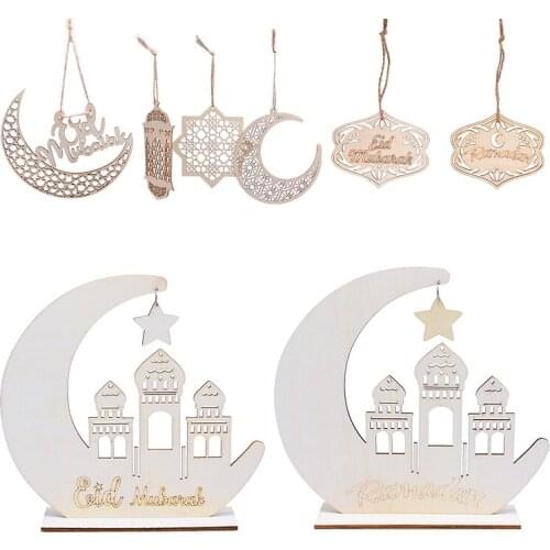 Wooden DIY EID Mubarak Ramadan Ornament Moon Star Mosque Muslim Festival Wood Craft Decor Plaque Hanging Pendant