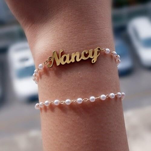 Personalized Custom Name Gold Pearls for Bracelets Women Stainless Steel Chain Multi-layer Bracelet Charming Jewelry