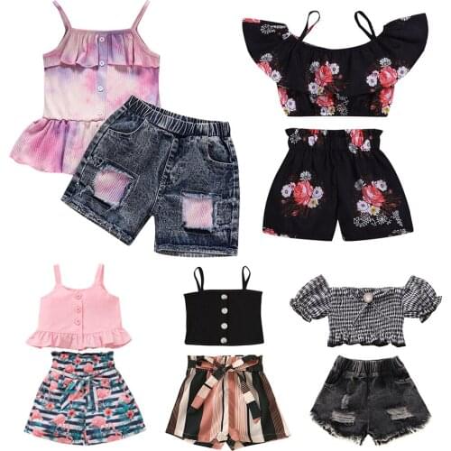 Toddler Kids Baby Girl Clothes Set Off Shoulder Top Floral Printed with Shorts Skirt Outfit Summer Clothings 1-5Y JYF