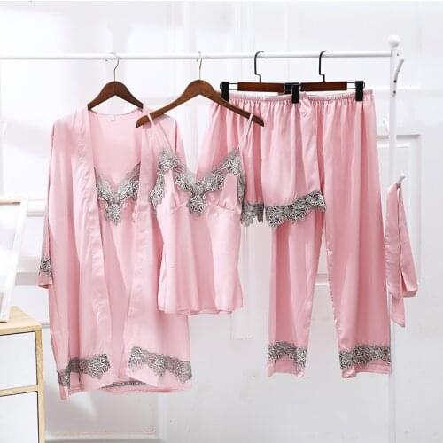 Women Pajamas Sets Satin Sleepwear Silk 5 Pieces Nightwear Pyjama Spaghetti Strap Lace Sleep Lounge Set Pijamas Women Clothes