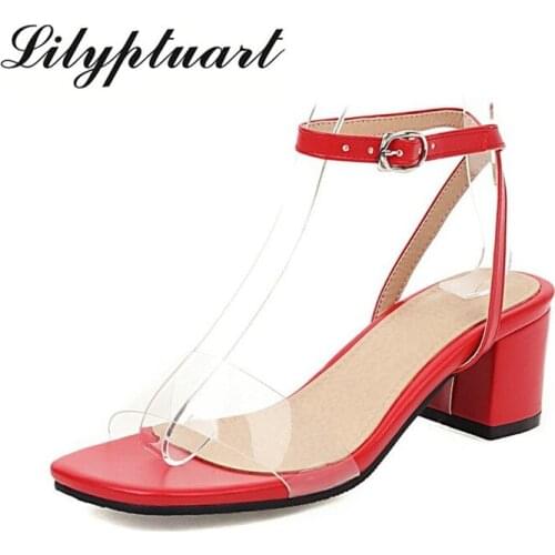 Summer Sexy Patent Leather Sandals 2021 Thick Heel Large Size 47-50 Transparent Strap Shoes Open Toe Mid-heel Womens Shoes