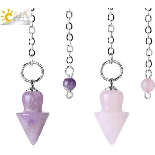 CSJA Pink Quartz Tiger Eye Pendulum Cone Natural Stone Taper Pendant with Chain Dowsing Healing Jewelry for Women Men F376