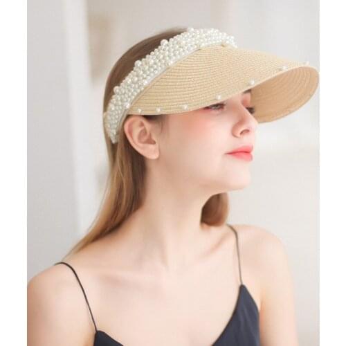 2021 New Pearl Straw Hats for Women Beach Visor Caps Empty Top Sun Hat Breathable Outdoor Sport Riding Travel Cap Chapeau Femme