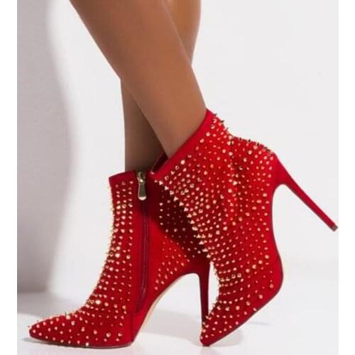 New Arrivals Gold Rivets Ankle Boots Pointed Toe Stiletto Heels Boots Red Black Spikes Party Dress Shoes Zipper High Heel Pump