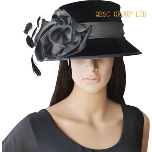 NEW design ladies velvet dressy church hat with feathers,dark grey/black color,for races wedding formal occasion