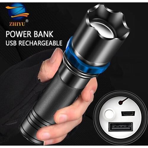 Portable LED Flashlight Zoom Built-in USB Rechargeable Battery 3 Lighting Modes Lantern Bike Light Camping Torch As Power Bank