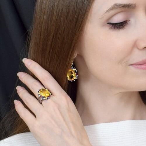 Unique Stunning Dangle Earrings Ring Sets Oval Cut Sparkly Golden Stone Gorgeous 2pcs Jewelry for meeting