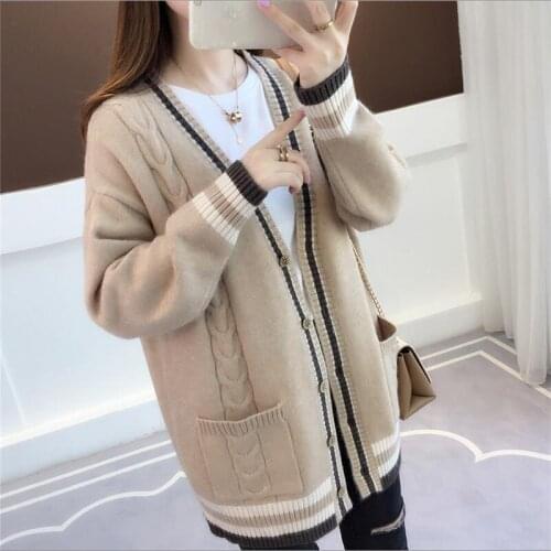 Knit Cardigan 2021 New Womens Spring And Autumn Jacket Chic Loose Striped Pockets Long Sweater Womens