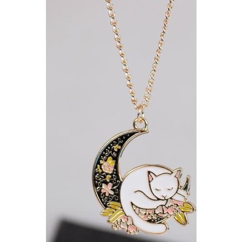 Yungqi New Flower Moon Cat Pendant Necklace Gold Chain Trendy Jewelry Party Choker Enamel Necklace for Women Clavicle Bijoux