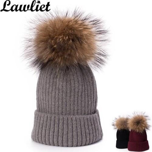 Lawliet Autumn Winter Women Real Fur Pom Pom Hat Classical Solid Girl Lady Beanie Turn Up Knitted Hat Wool Winter Cap Skull Cap