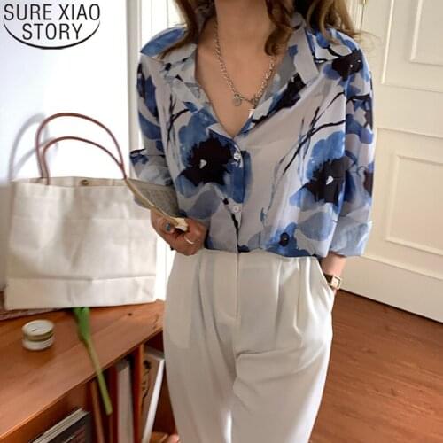 Summer Long Sleeve Shirt Women Chic Floral Shirt Turn-down Collar Vintage Casual Tops Mujer 2021 Korean Clothes Blusas 15712