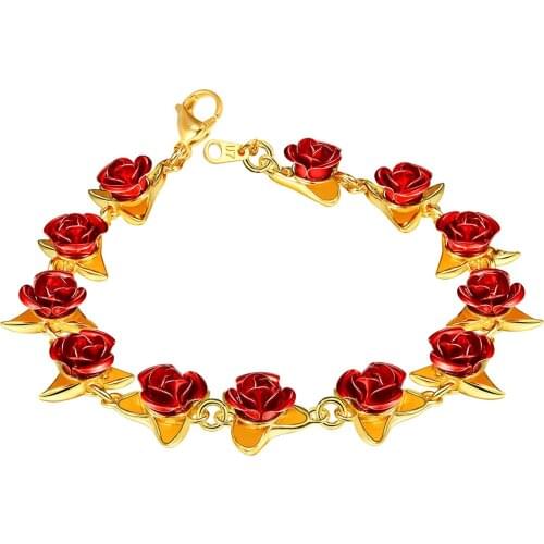 Red Rose Flowers Bracelet Femme Wrist Charm Chain Gold Color Fashion Jewelry Bracelets for Women Mothers Day Gifts Dropshipping