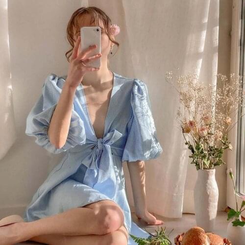 Euro-America Style 2021 Summer New Womens Fashion Bubble Sleeve Sexy V-neck Low Cut Temperament Dress