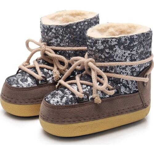 Winter Kids Snow Boots Girls Boots Sequin Leather Fashion Waterproof Child shoes Baby Parent-child Ski Shoes Woollen Rubber Boot