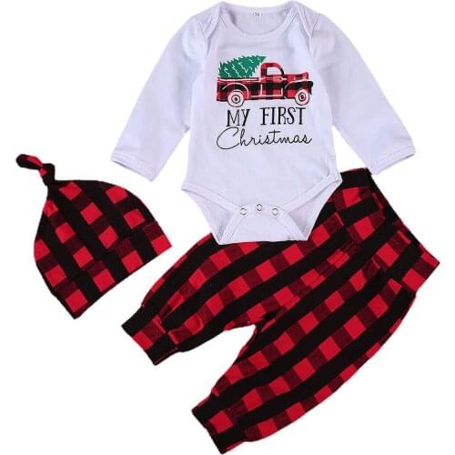 3 Pcs Newborn Baby Clothes Christmas Outfits Infant Long Sleeve Round Neck Letter Print Romper + Plaid Trousers + Cap