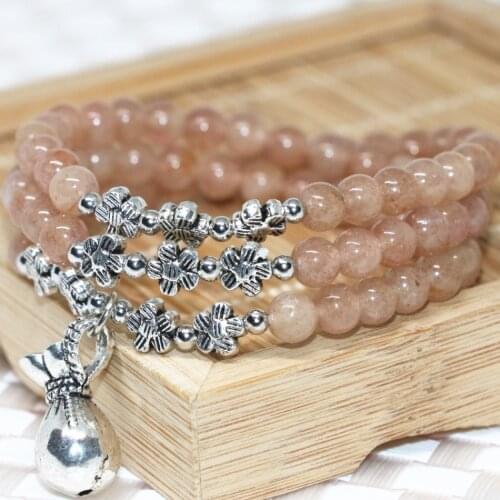6mm Natural Strawberry Stone Round Beads Multilayer Strand Bracelets Money Bag Pendant Semi-precious Stone Charms Jewelry B2199