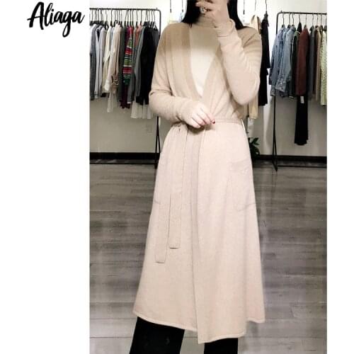 Aliaga Winter New High Quality 100% Cashmere Sweater Cardigan Coat Long V Neck Jacket With Pocket