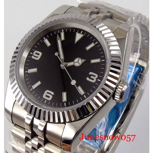 BLIGER Sterile Black Businless NH35A Mechanical Men Watch Fluted Bezel Luminous Dial Steel Jubilee Bracelet Solid Back