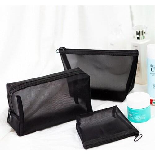 Black Mesh Cosmetic Bag Toiletry Storage Pouch Coin Purse Fashion Zipper Travel Makeup Case Storage Box Beauty Wash Kit Bags