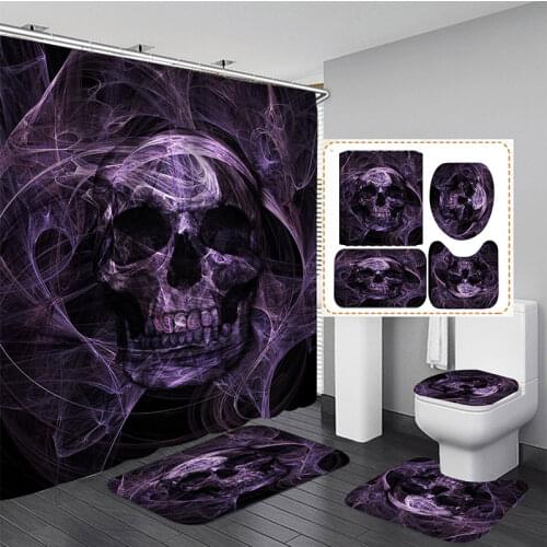 Skull Print Black Shower Curtains in the Bathroom Curtain Accessories Set with Bath Mat Carpet Bathtub Home Halloween Decor