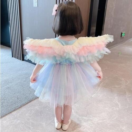 Kids Clothes Girls Princess Dress 2021 Summer Korean Fashion Back Mesh Wing Short Sleeve Ball Gown Bow Birthday Dress Vestidoes