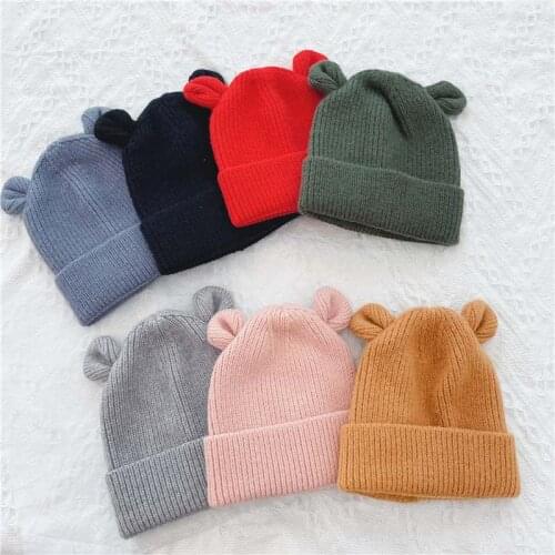 Cute Bear Baby Hat with Ears Autumn Winter Knitted Kids Bonnet Hat for Girls Boys Soft Warm Infant Beanie Cap Baby Accessories