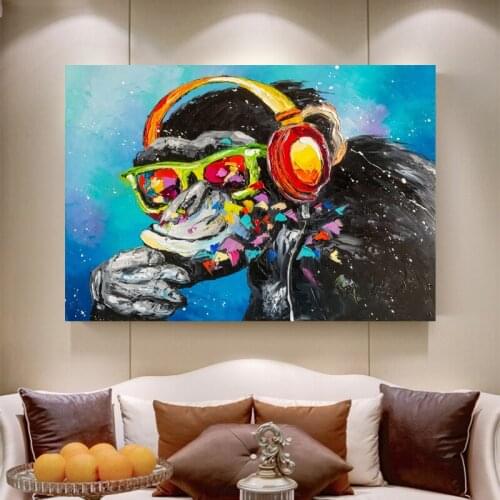 RELIABLI ART Animal Painting Gorilla with glasses and headphone Canvas Pictures Wall Art For Home Decoration Posters and Prints