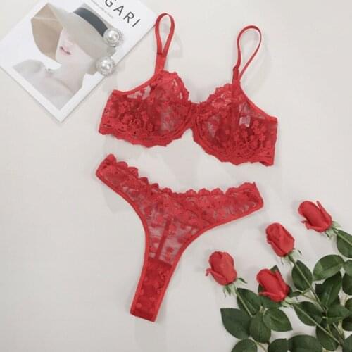 Red Sexy See Through Lingerie Bra Brief Exotic Sets Embroidery Transparent Bra Thong Panties Briefs Babydoll Underwear Sleepwear