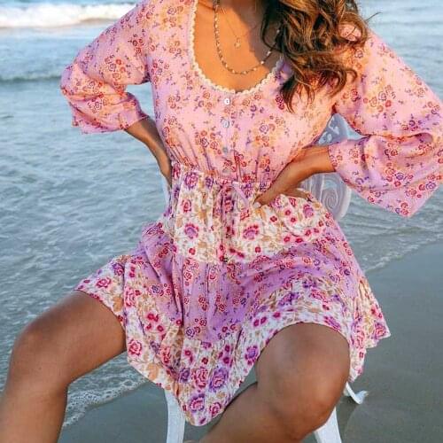 Lavender Bohemia Mini Dress Summer 2021 Button Flare Sleeve A-Line Printed 3/4 Sleeve Retro Fairy Natural Beach Vacation Dress