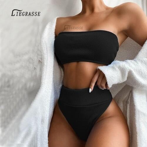 Liegrasse Wrapped Bikini Women Swimwear High Waist Strapless Sexy Bikini Pure Color Women Swimsuit Padded Bathing Suit Monokini