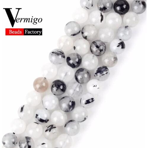 Wholesale Natural Gem Stone Black Rutilated Quartzs Crystal Round Loose Beads For Needlework Jewelry Making 4-10mm Pick Size