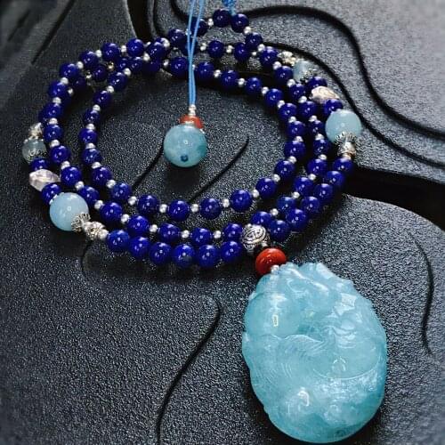 Angelas original jewelry] Natural ice-waxy Hailan Baolong brand blue rutile silver jewelry necklace sweater chain