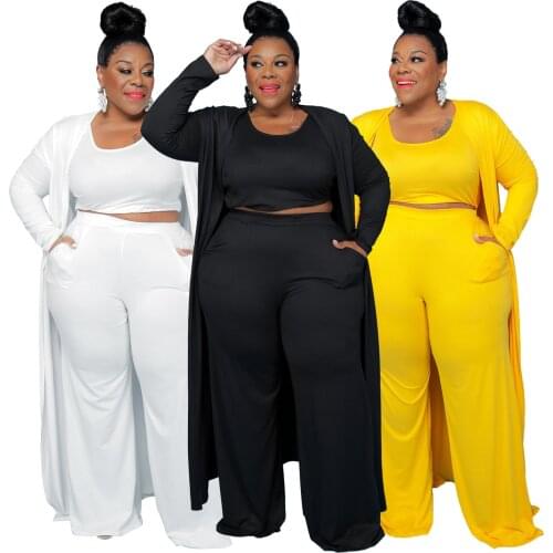 2021 Autumn Women Solid Three Piece Sets Casual Plus Size O-neck Vest + Loose Pants + Full Sleeve Ankle-length Cardigan Outfits