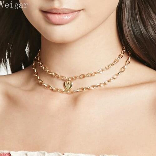 Gold Silver Color Choker Necklace Women Heart Pendant Double Chain Clavicle Chains 2018 Fashion Jewelry Necklaces for Ladies
