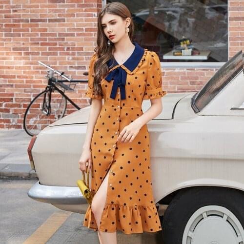 Jospoo Preppy Style Khaki French Dress 2020 New Summer Peter Pan Collar Sweet Slimming Petal Sleeve Polka Dot Dresses