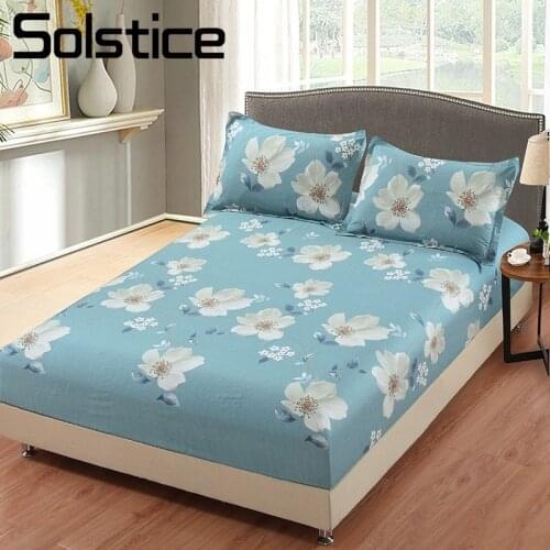 Solstice Home Textile Girl Kid Teen Bedding Fitted Sheet Flower Blue King Queen Single 1Pcs Woman Bed Mattress Cover 100% Cotton