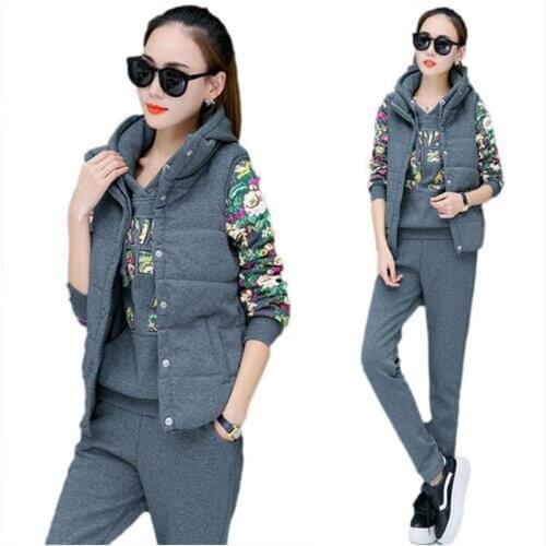 Sportsuit Women Winter 3 Piece Set Hoodies + Vest + Pants Womens Tracksuit Plus Velvet Thicken Sweat Suits Female Sportswear