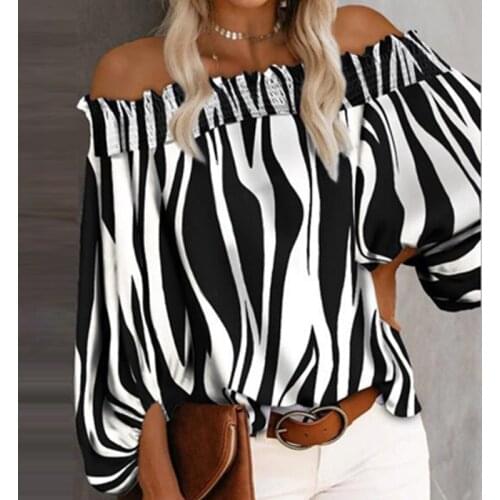 Autumn Women Striped Print Lantern Sleeve Tops Pullover Spring Women Off Shoulder Elastic Blouses Elegant Long Sleeve Office Top
