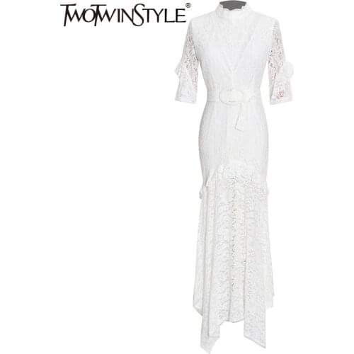 TWOTWINSTYLE Casual White Sashes Lace Midi Dress For Women Turtleneck Half Sleeve High Waist Irregular Hem Dresses Female Style