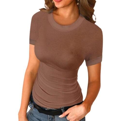 Women T-shirt Solid Color Cotton Blend Short Sleeve O Neck Slim Blouse Top for Summer o neck short sleeve casual T-shirt female