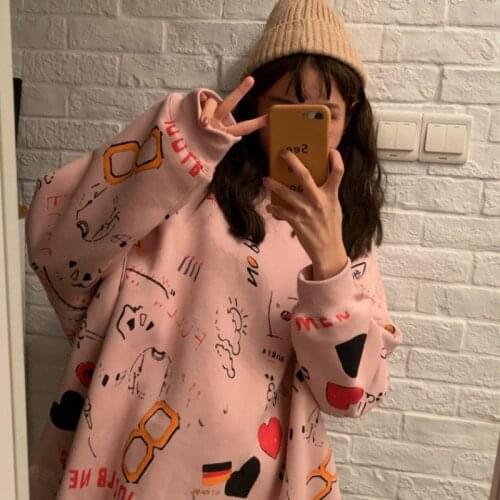 QWEEK Harajuku Crewneck Sweatshirt for Women Print Long Sleeve Hoodie Women Hip Hop Autumn Fashion Pullover Ladies Loose Hoodies