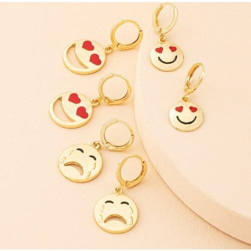 1Pair Red Heart Eye Cry Smile Face Earrings For Women Punk Funny Cute Hollow Round Smiley Pendant Hoop Earrings Ear Stud Jewelry