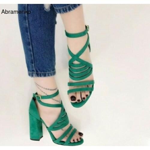 Women Chunky High Heels Open Peep Toe Pumps Platform Summer Style Bandage Sandals Girls Gladiator Sandals Green Shoes Size 34-43