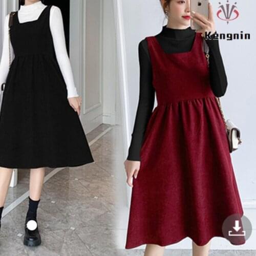 Loose Oversize Winter Women Sets Corduroy Sleeveless Overalls Dresses + Knitting Sweater Top Long Sleeve Pullovers 2piece KE1925